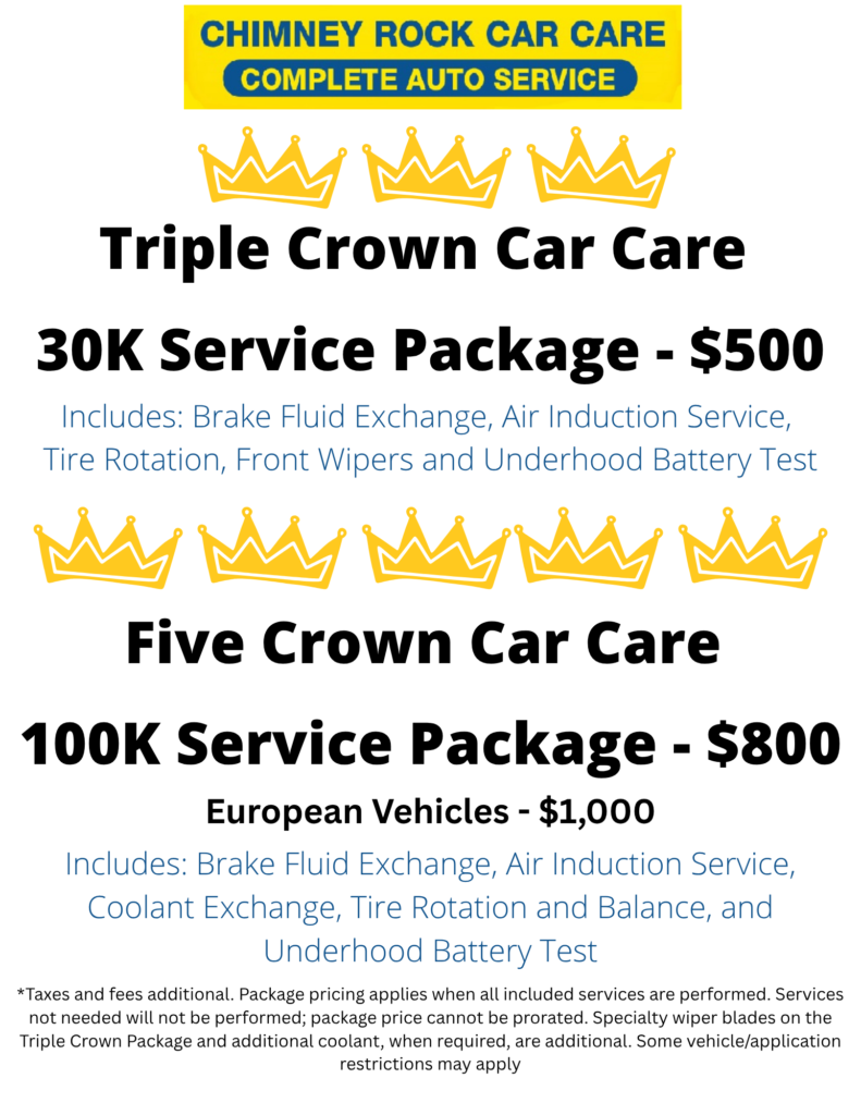 Triple Crown Care and Five Crown Care preventive maintenance packages at Chimney Rock Car Care in Houston