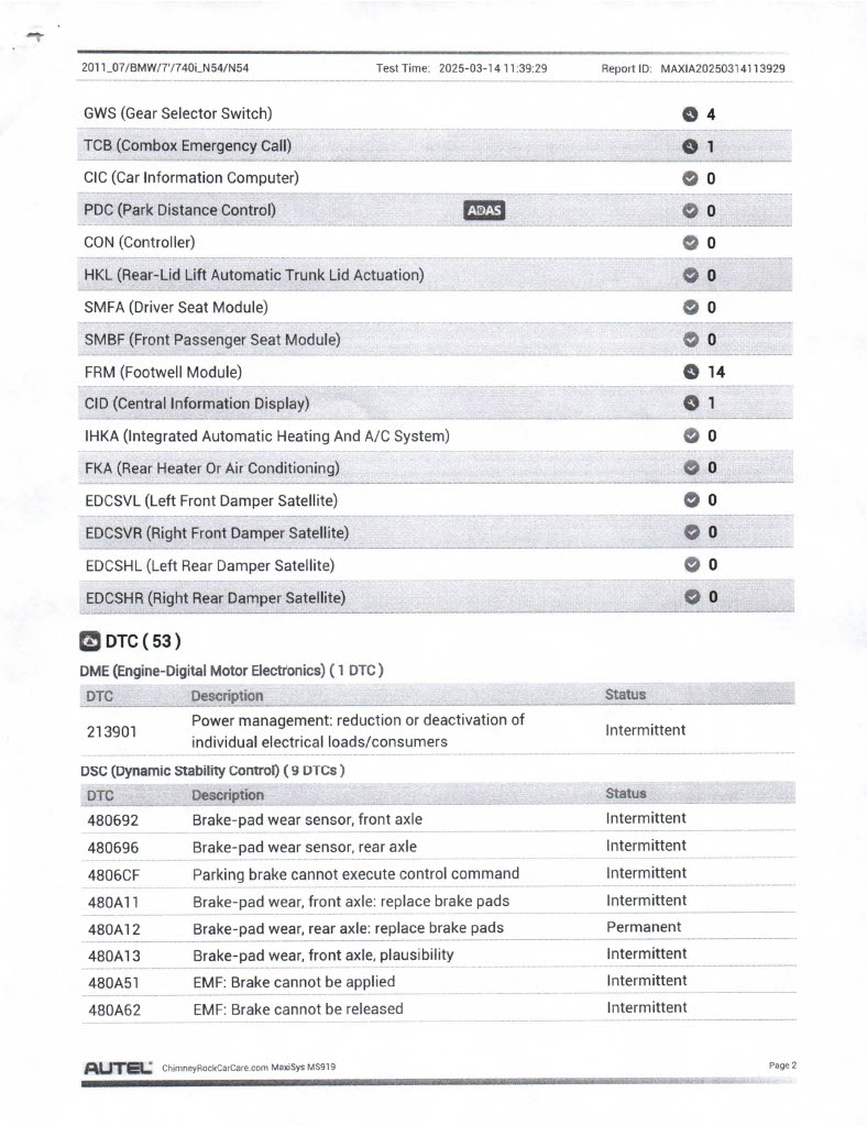 Professional scan tool report used for check engine light diagnostics in Houston