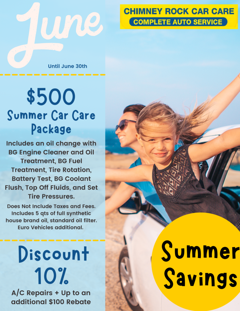 June auto repair specials at Chimney Rock Car Care in Houston including summer maintenance and A/C repair savings.