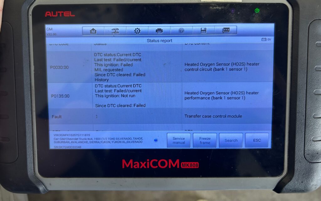 Diagnostic scan tool showing check engine light codes and system data