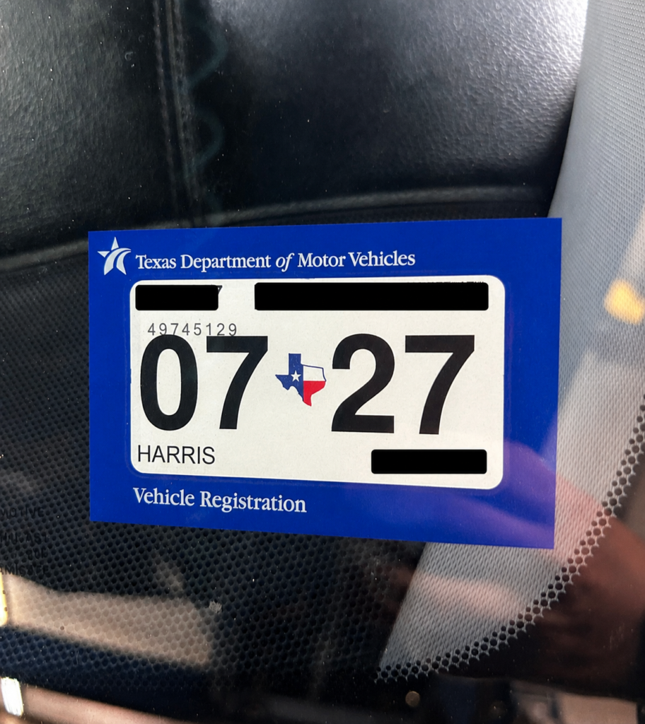 Texas vehicle registration sticker showing expiration date