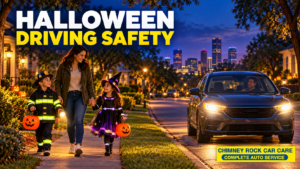 Illustration of a family trick-or-treating on a sidewalk beside a car at dusk, with Halloween driving safety tips from Chimney Rock Car Care